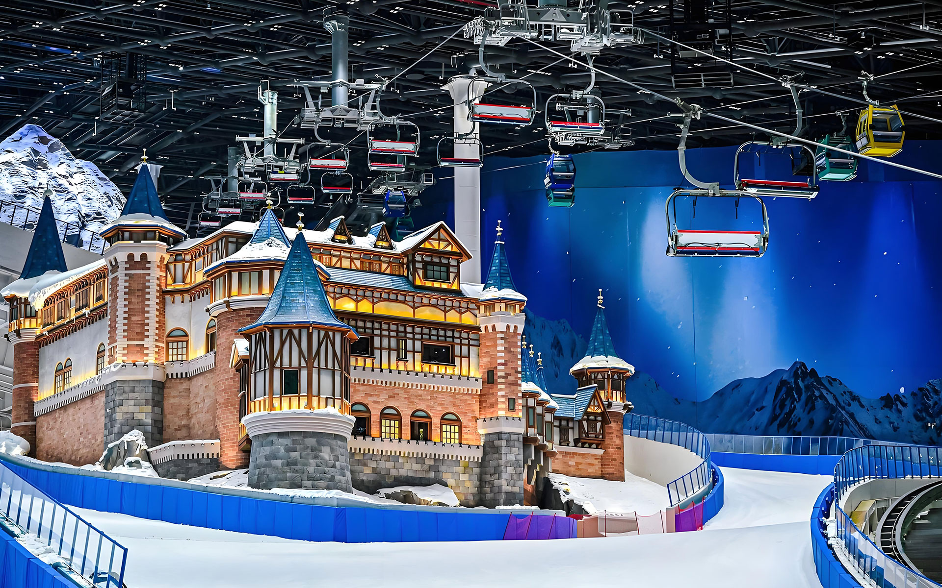 Ski area designed for skiing and winter sports, featuring artificial snow surfaces and professional ski resort facilities.