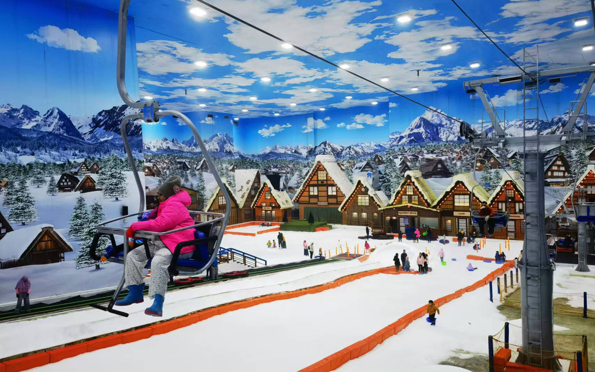 Skiing area design for indoor snow parks and ski resorts, featuring ski slope planning, snowmaking systems, and winter sports facilities.