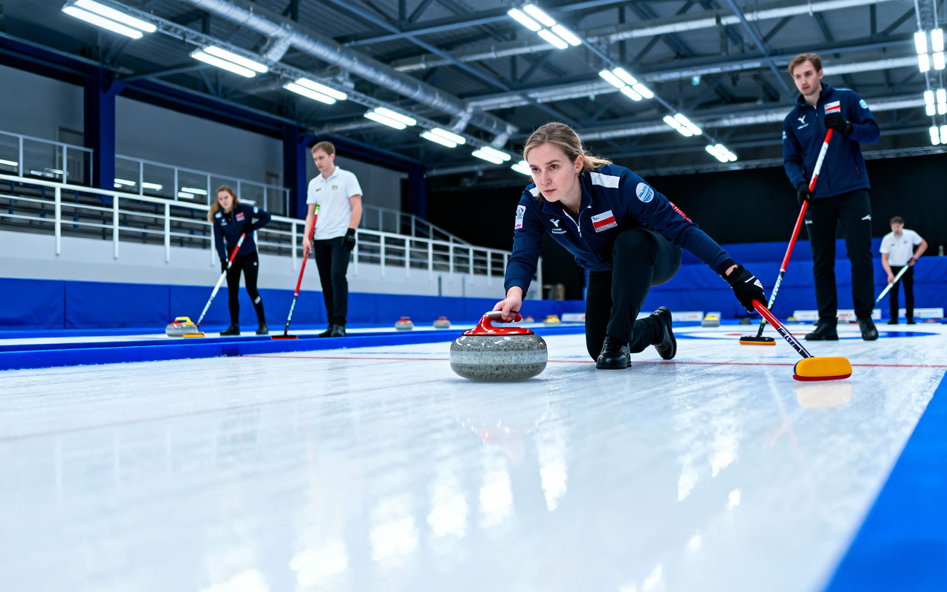 Athletes competing in a curling match on a professional curling rink with high-quality ice conditions.