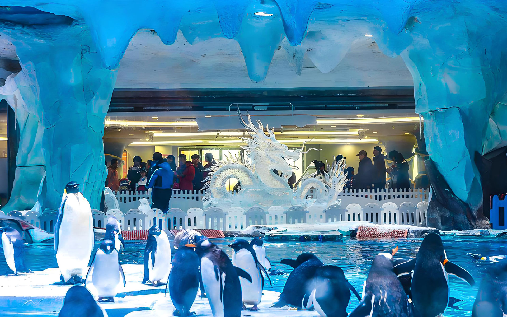 Ice sculpture show featuring artistic transparent ice creations for winter festivals, theme parks, and indoor ice attractions.