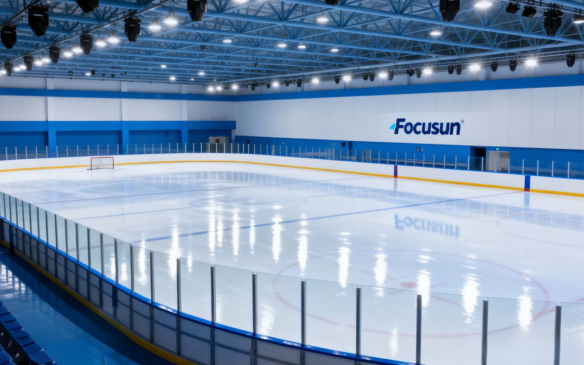 Protective perimeter barrier system for ice hockey rinks, ensuring player safety and meeting professional competition standards.