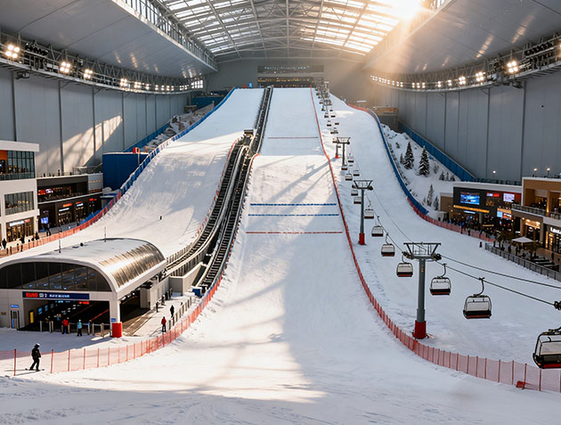 Focusun ski resort design featuring ski slopes, snowmaking facilities, visitor circulation, and complete winter sports infrastructure.