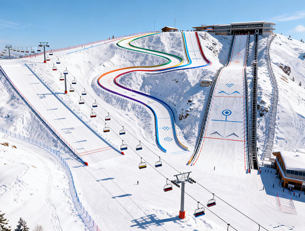 Focusun ski resort master plan integrating ski slopes, snowmaking infrastructure, resort facilities, and visitor circulation.