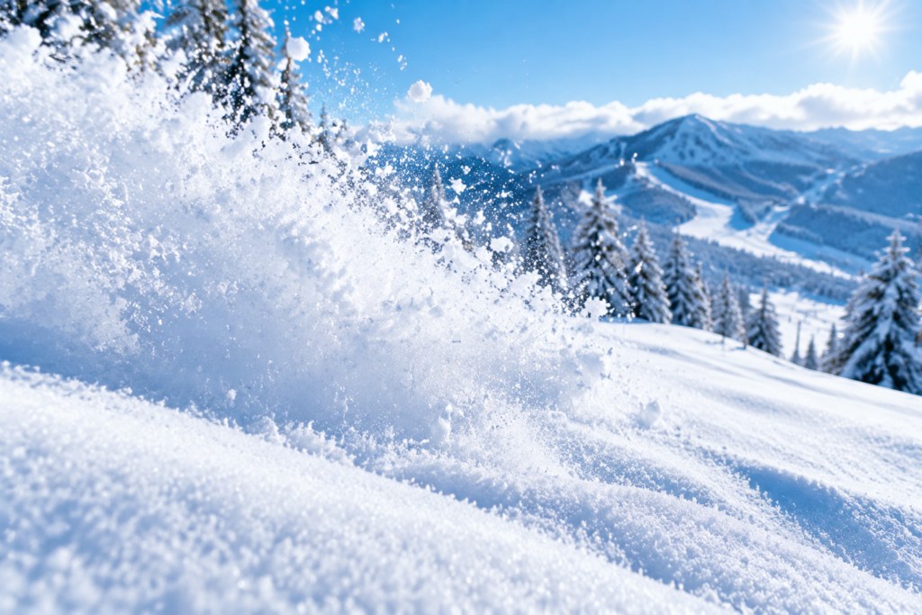 Close-up of fine snow texture produced by an all-weather snow machine