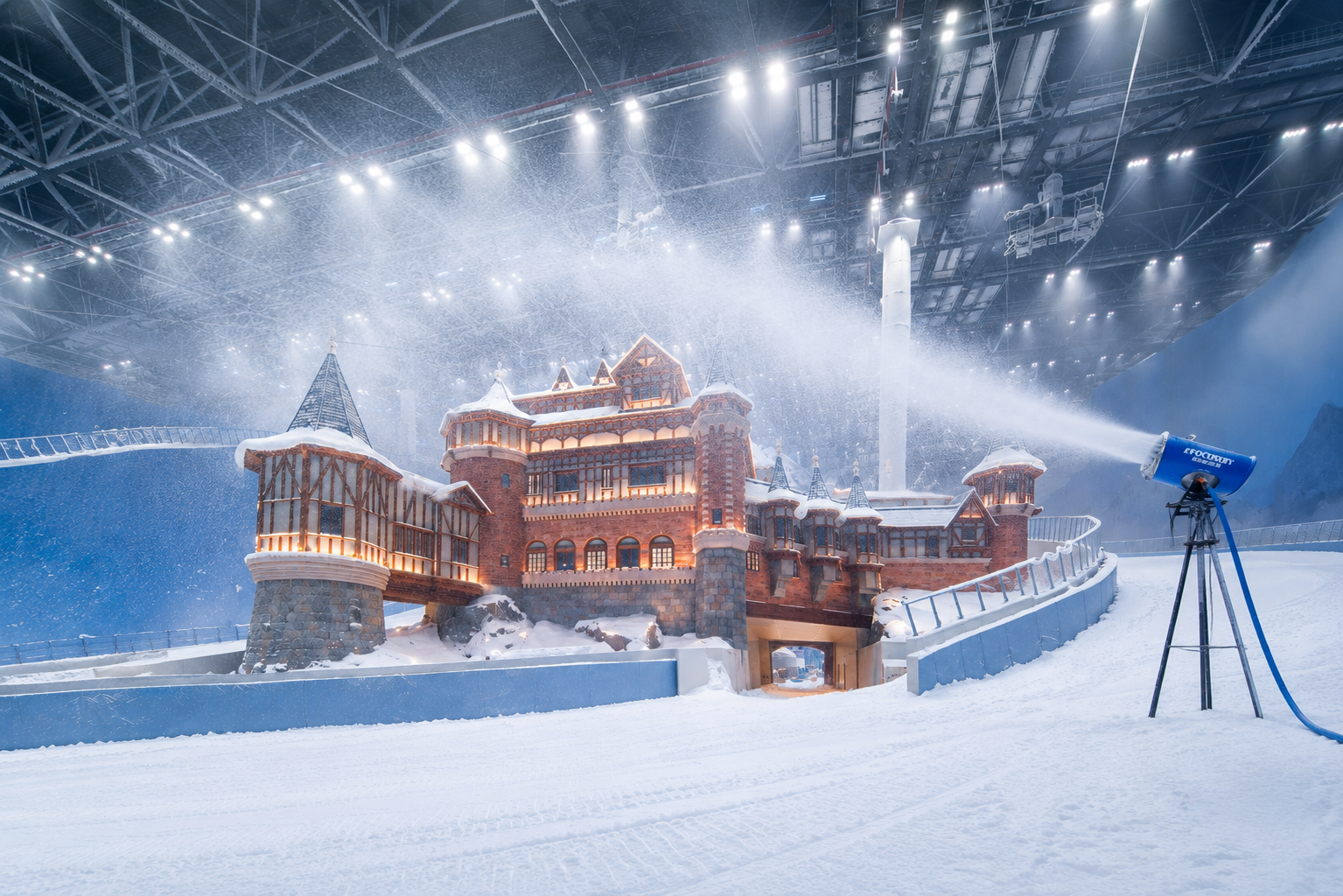 Indoor mobile snow machine is design for flexible snow production in indoor snow parks, ski resorts, winter attractions, and entertainment venues.
